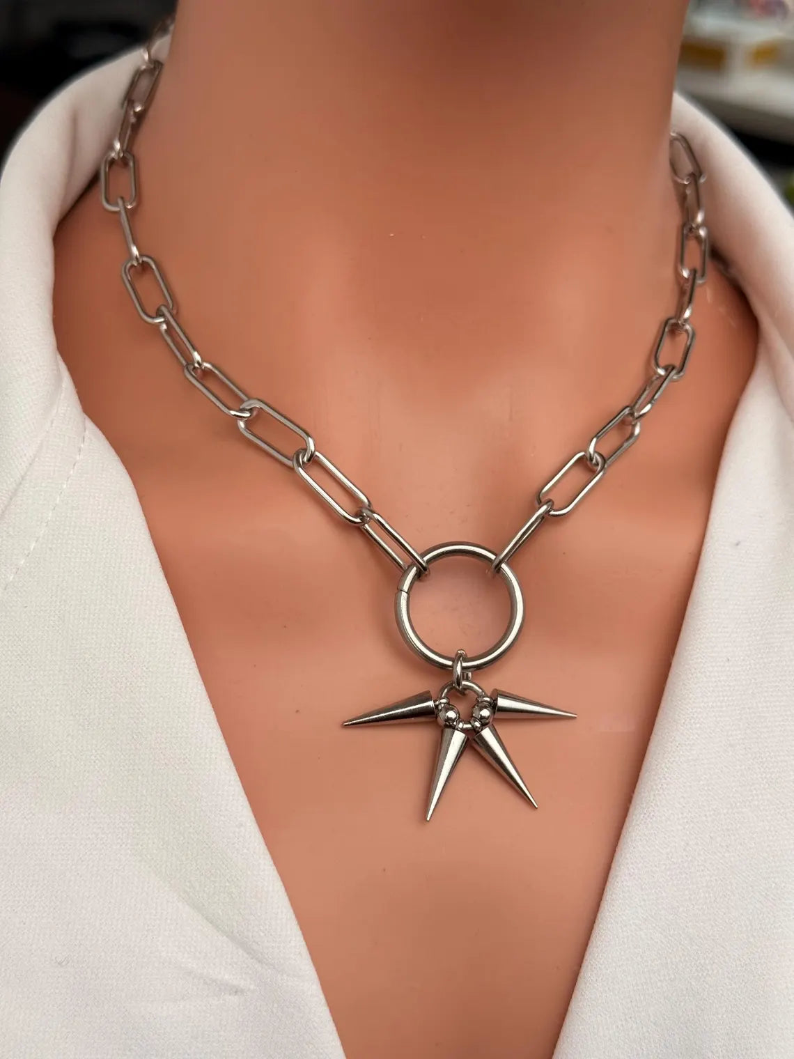 Silver Spike O-Ring Chain Necklace
