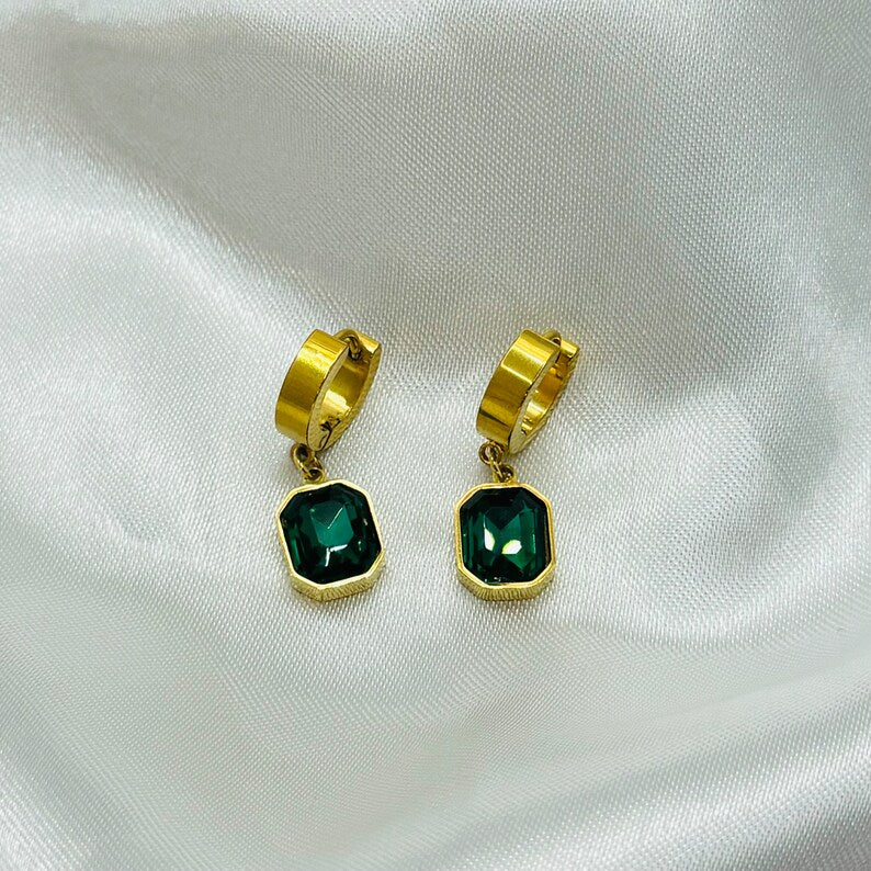 Gold Emerald Green Hoop Earrings