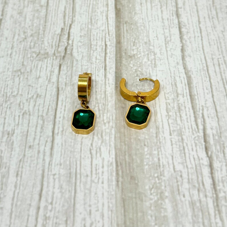 Gold Emerald Green Hoop Earrings