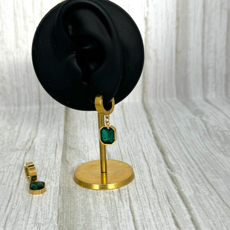 Gold Emerald Green Hoop Earrings