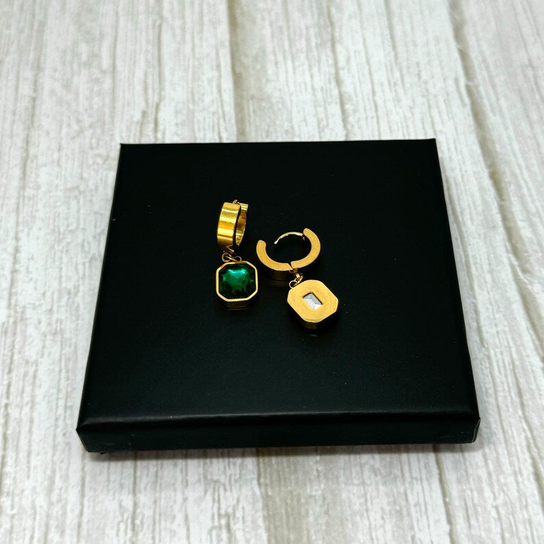 Gold Emerald Green Hoop Earrings