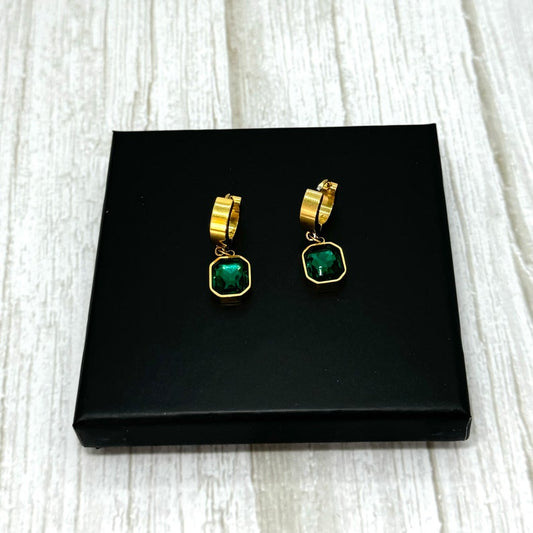 Gold Emerald Green Hoop Earrings