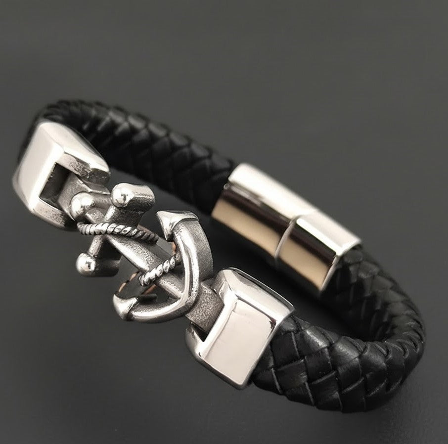 Men's Black Braided Leather Anchor Bracelet