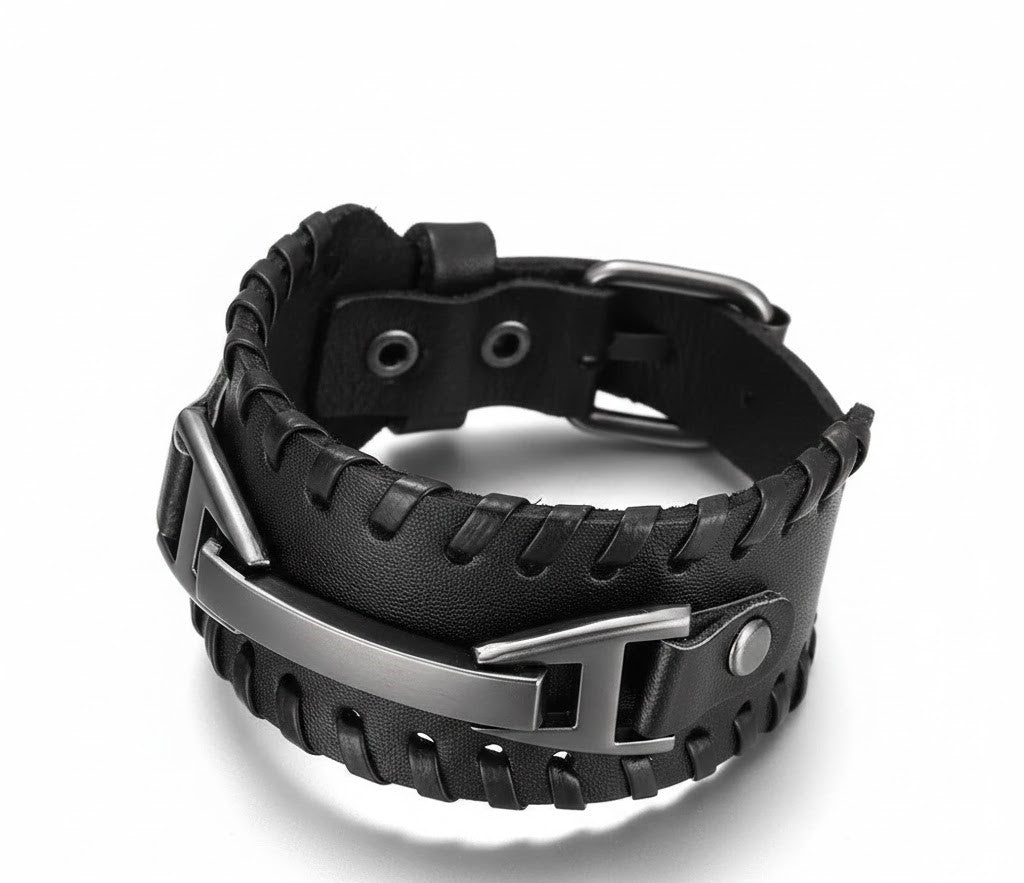 Men's Black & Brown Leather Wide Cuff Bracelet