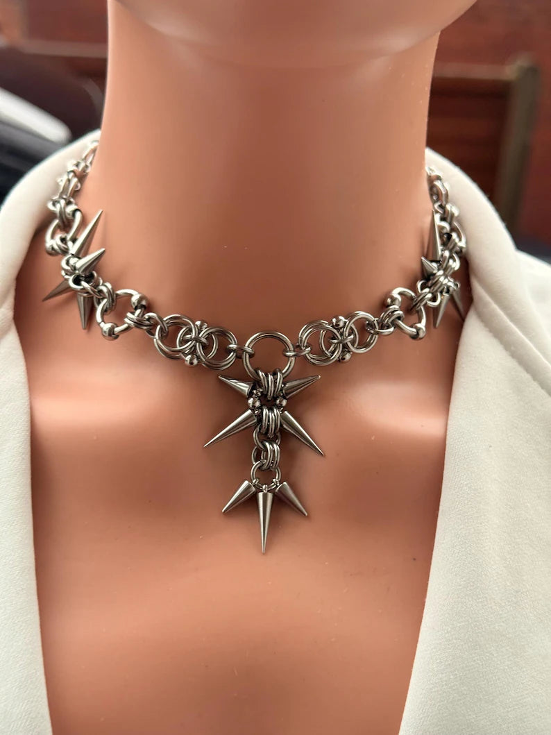 Silver Spiked Star Choker Chain Necklace