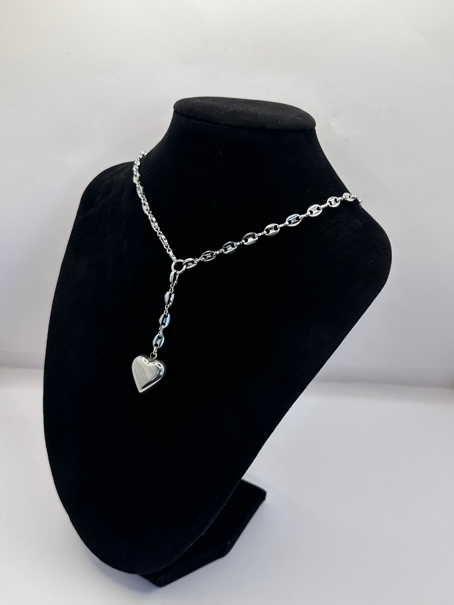 Dangling Heart Coffee Beans Lariat Silver Necklace