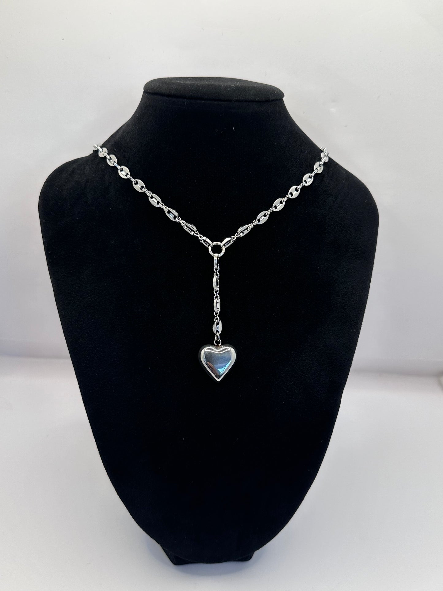 Dangling Heart Coffee Beans Lariat Silver Necklace