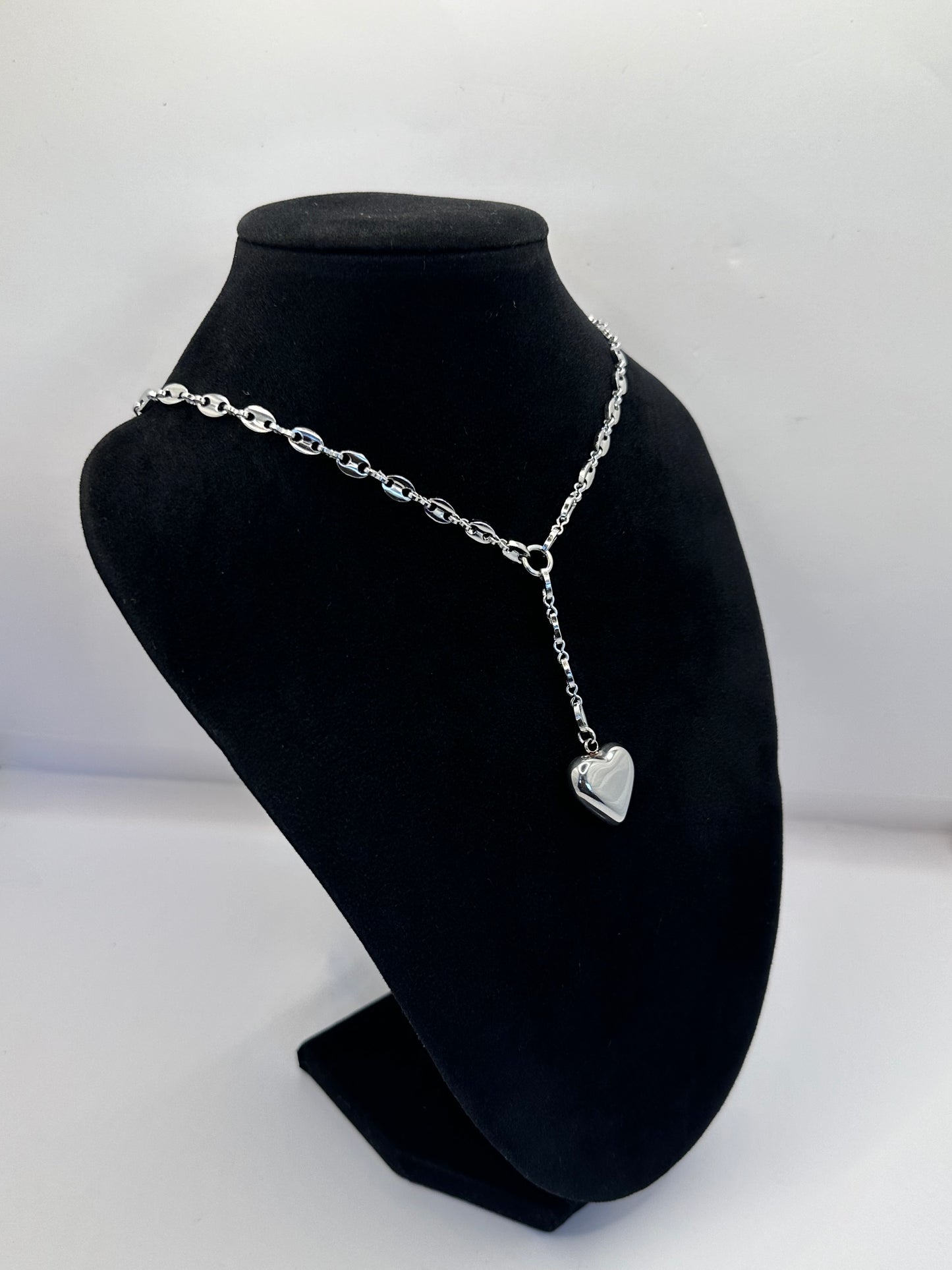 Dangling Heart Coffee Beans Lariat Silver Necklace