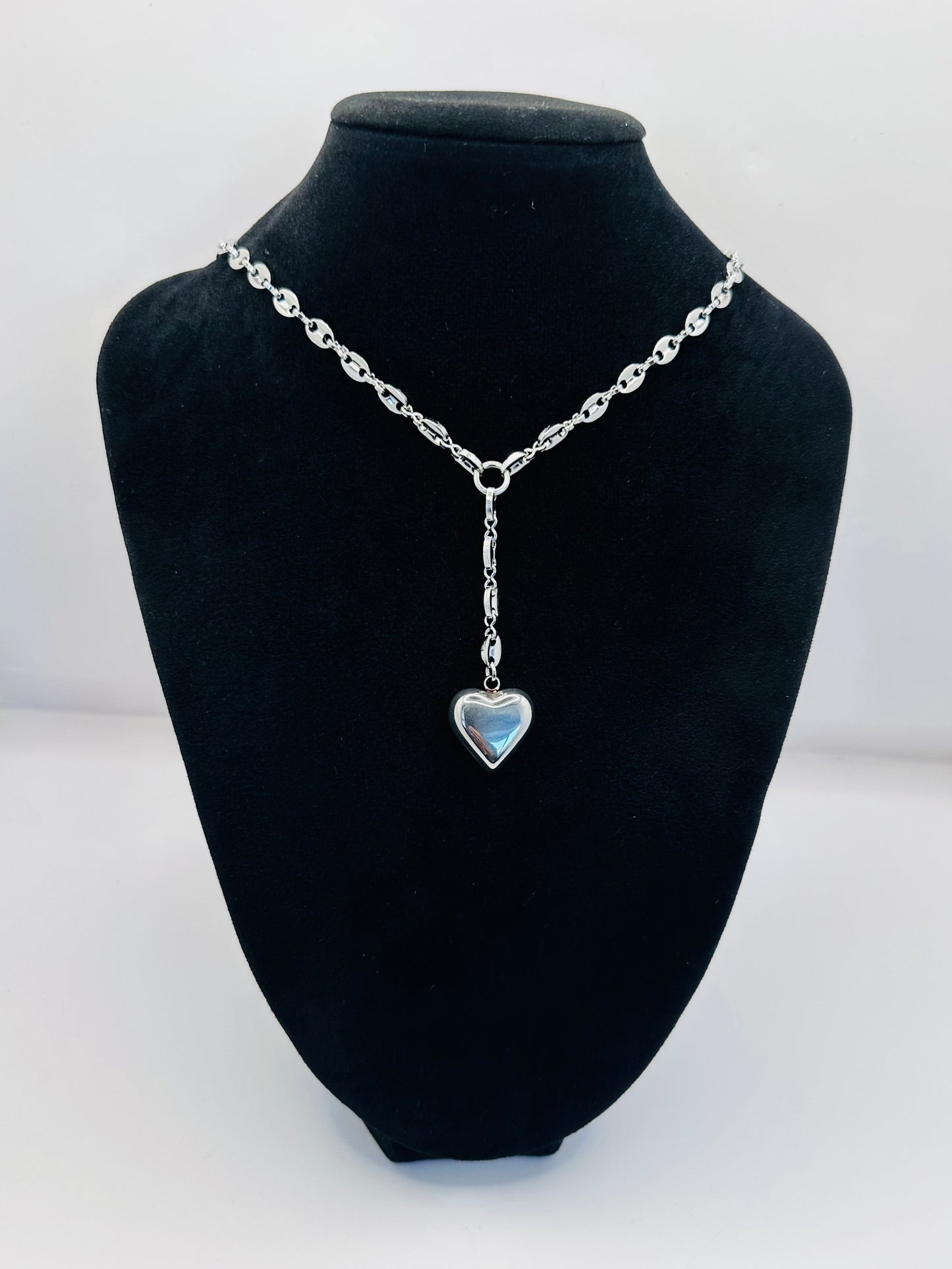 Dangling Heart Coffee Beans Lariat Silver Necklace