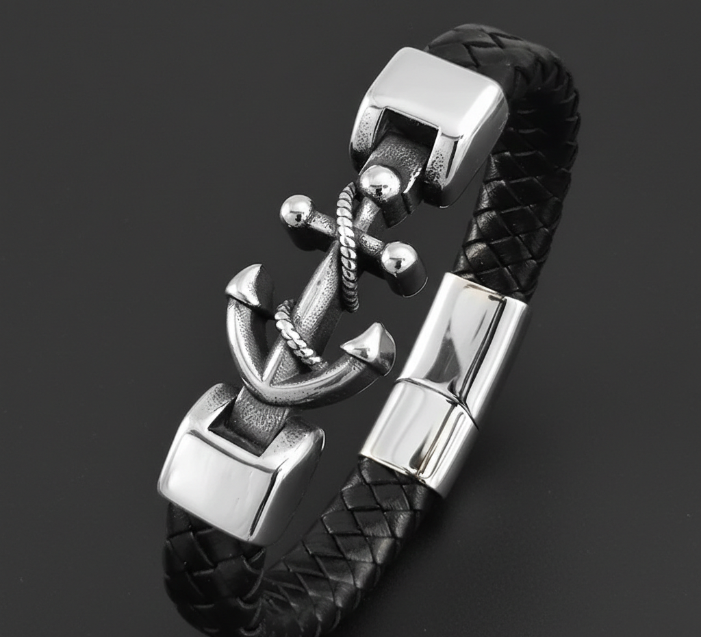 Men's Black Braided Leather Anchor Bracelet