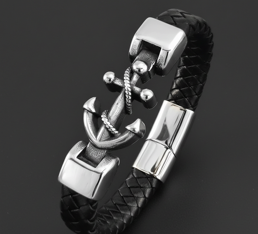 Men's Black Braided Leather Anchor Bracelet