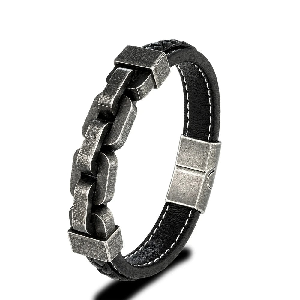 Bicycle Chain & Leather Men`s Bracelet