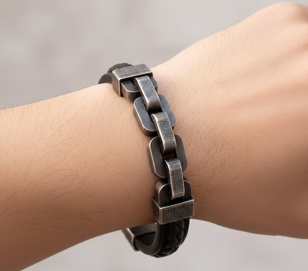 Bicycle Chain & Leather Men`s Bracelet