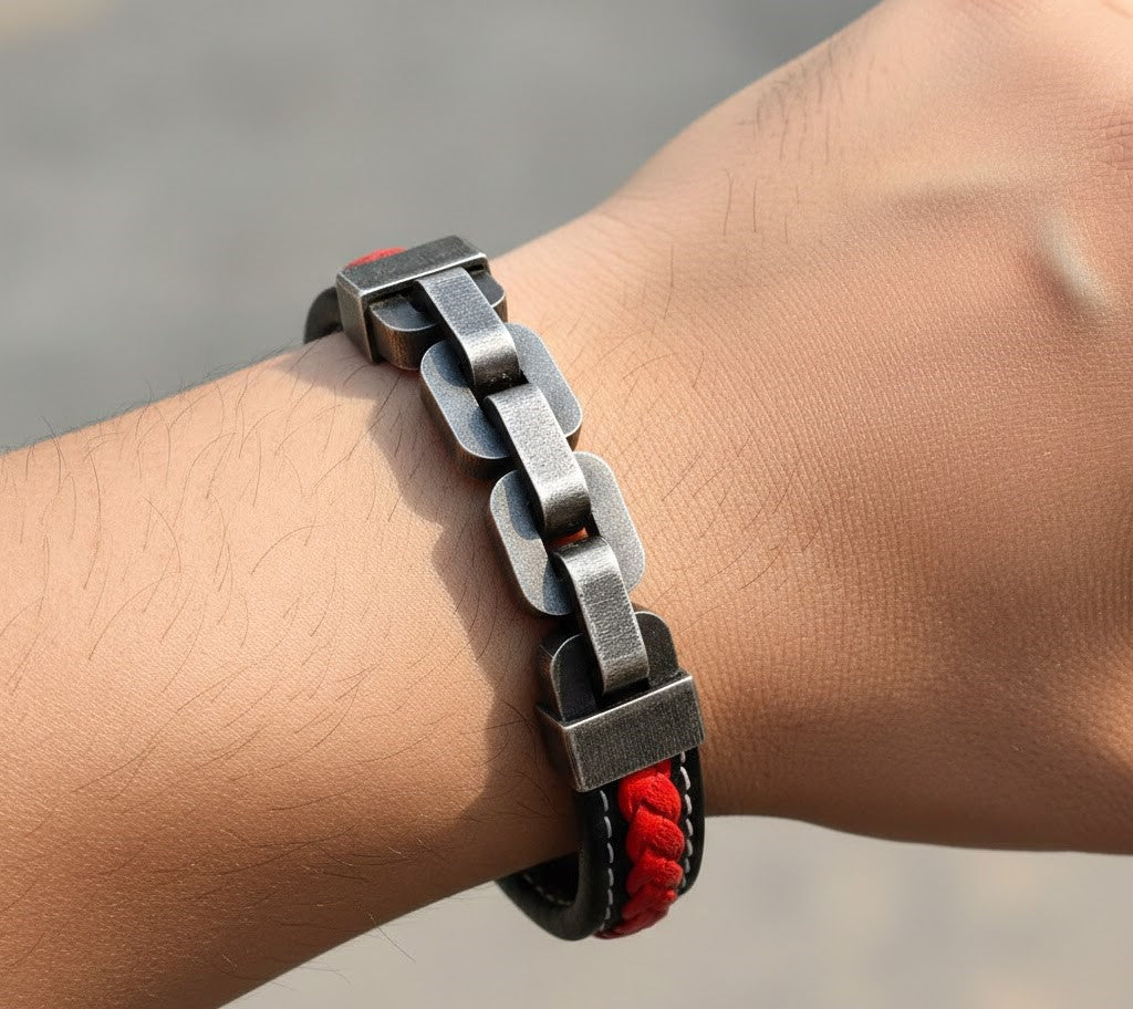 Bicycle Chain & Leather Men`s Bracelet