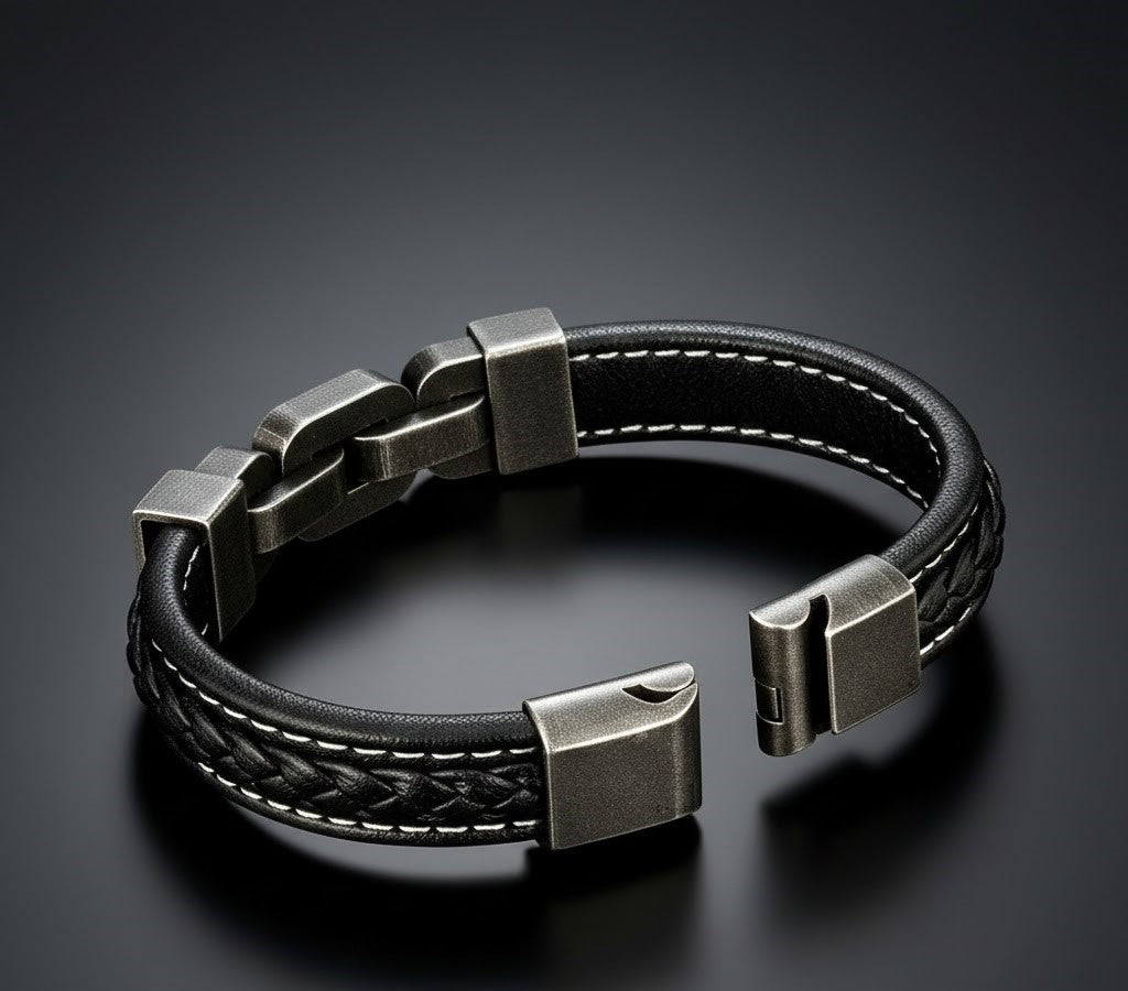 Bicycle Chain & Leather Men`s Bracelet