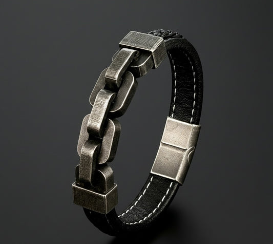 Bicycle Chain & Leather Men`s Bracelet