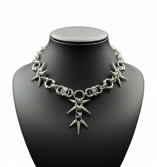 Silver Spiked Star Choker Chain Necklace