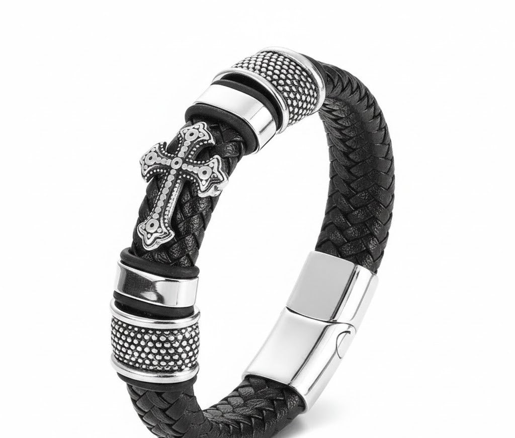 Men’s Black Leather Cross Bracelet Jewellery
