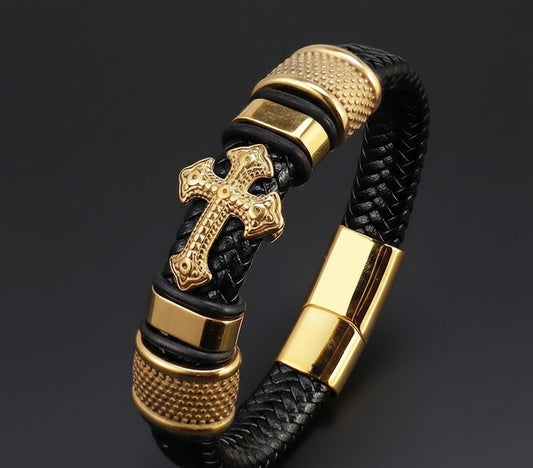 Men’s Black Leather Cross Bracelet Jewellery