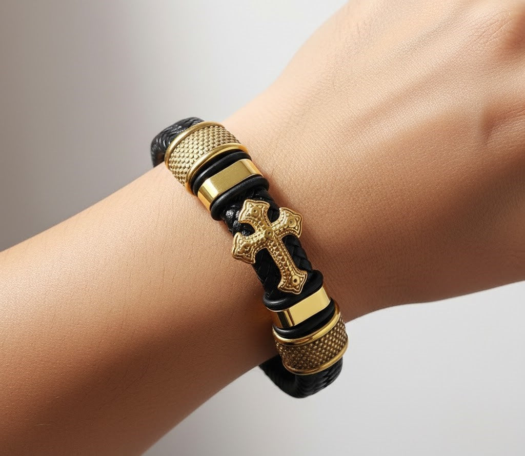 Men’s Black Leather Cross Bracelet Jewellery