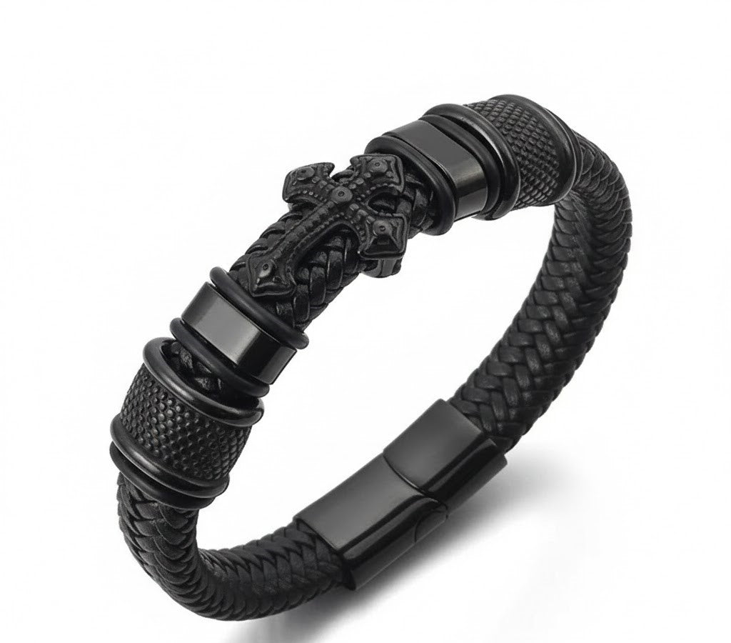 Men’s Black Leather Cross Bracelet Jewellery
