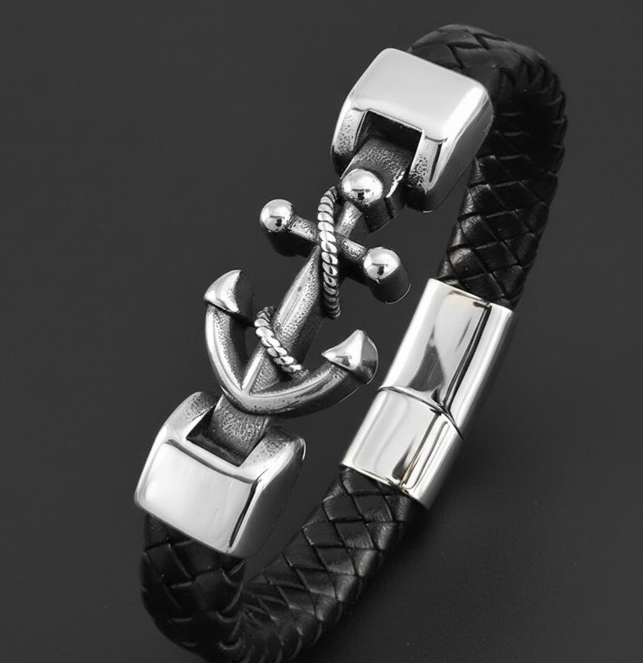 Men's Black Braided Leather Anchor Bracelet