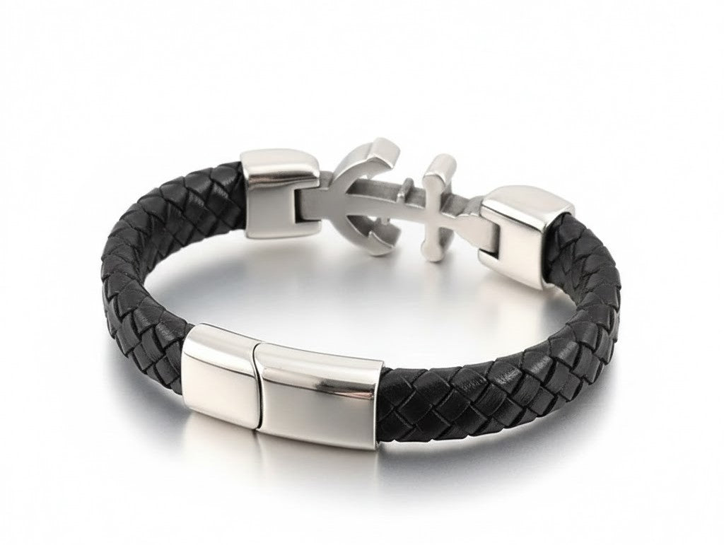 Men's Black Braided Leather Anchor Bracelet