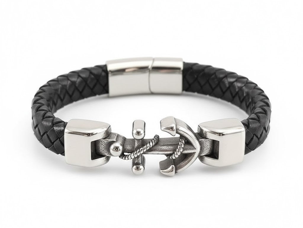 Men's Black Braided Leather Anchor Bracelet