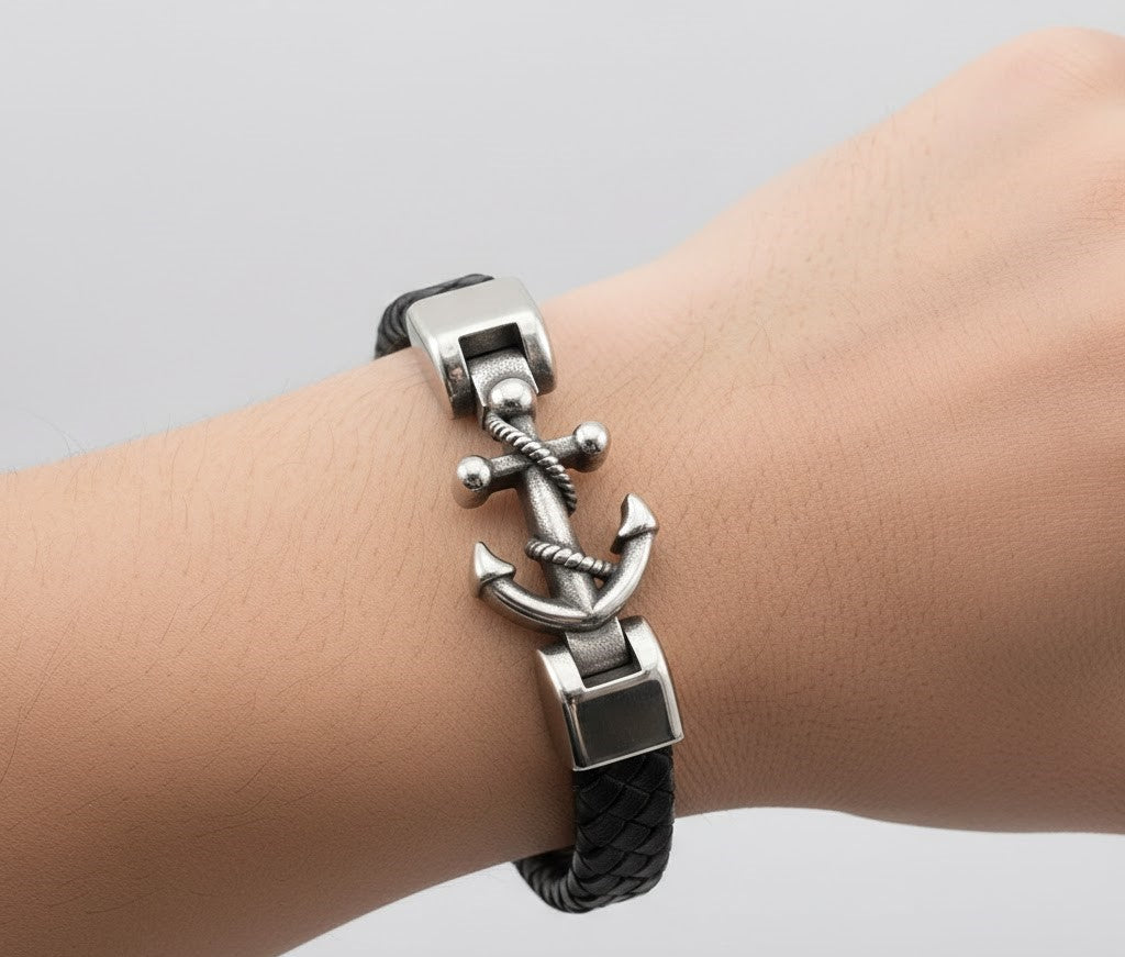 Men's Black Braided Leather Anchor Bracelet