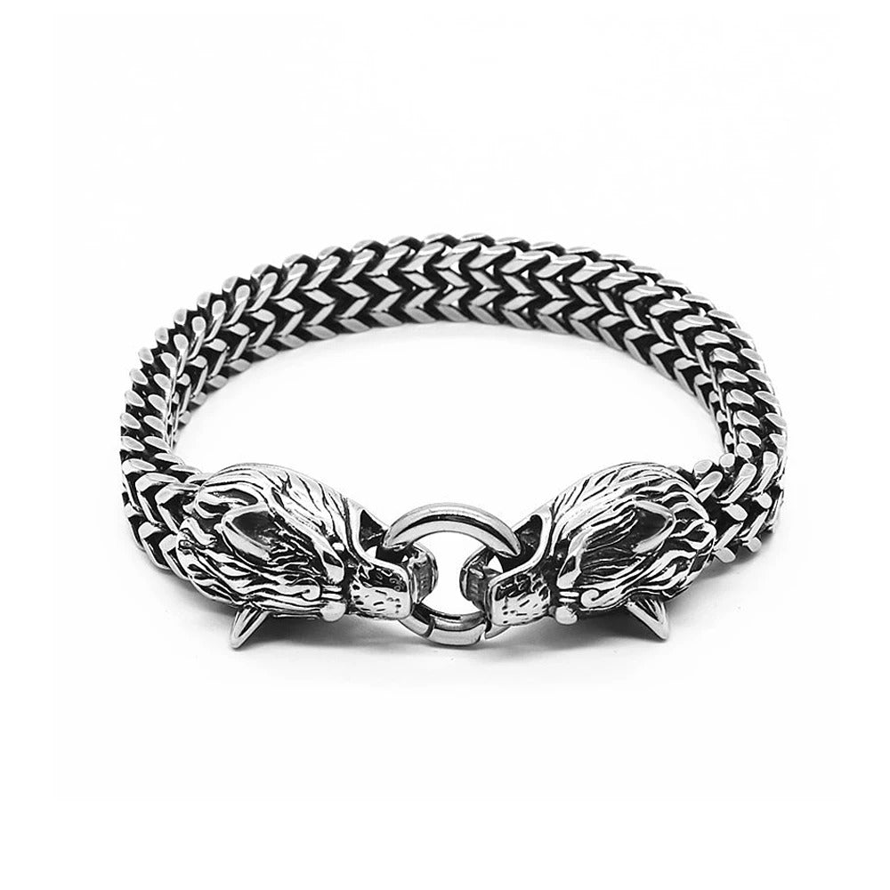Silver Wolf Head Byzantine Chain Bracelet