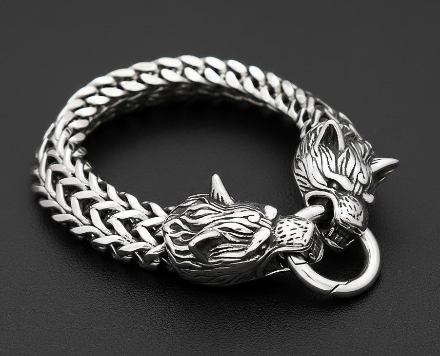 Silver Wolf Head Byzantine Chain Bracelet
