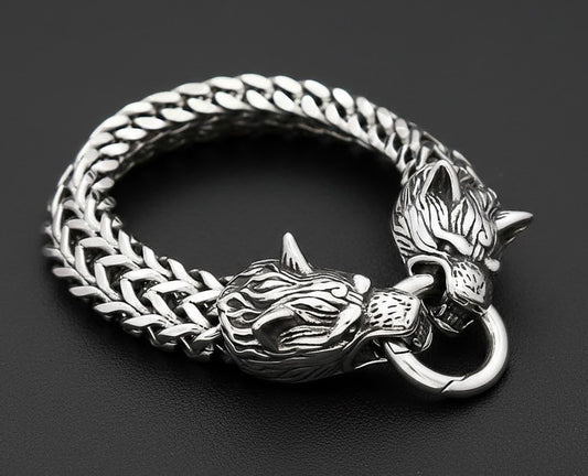 Silver Wolf Head Byzantine Chain Bracelet