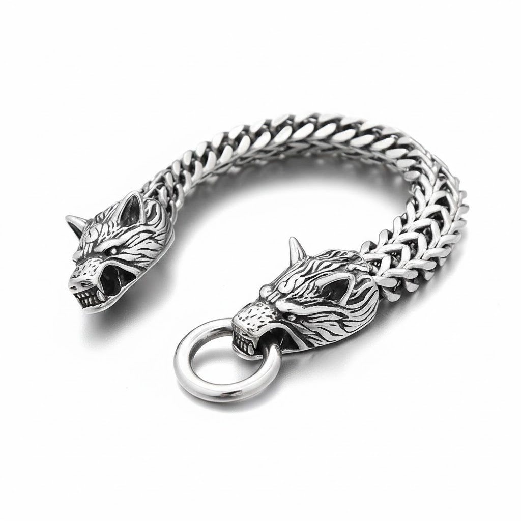 Silver Wolf Head Byzantine Chain Bracelet