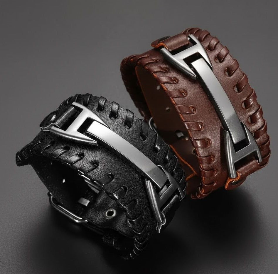 Men's Black & Brown Leather Wide Cuff Bracelet