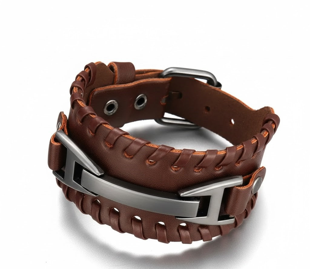 Men's Black & Brown Leather Wide Cuff Bracelet