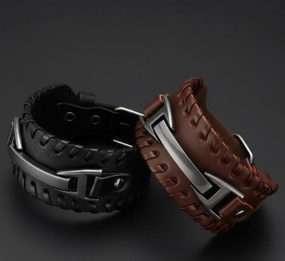 Men's Black & Brown Leather Wide Cuff Bracelet