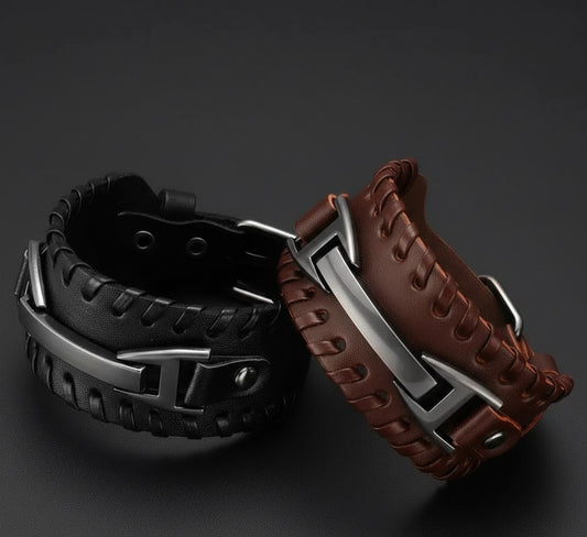 Men's Black & Brown Leather Wide Cuff Bracelet