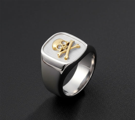 Silver Skull Crossbones Signet Ring