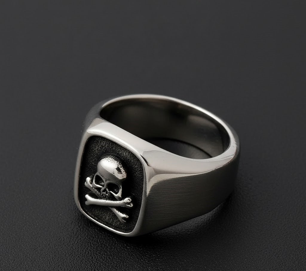 Silver Skull Crossbones Signet Ring
