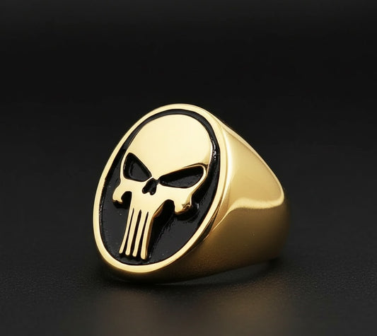 Gold Punisher Skull Black Inlay Men's Ring