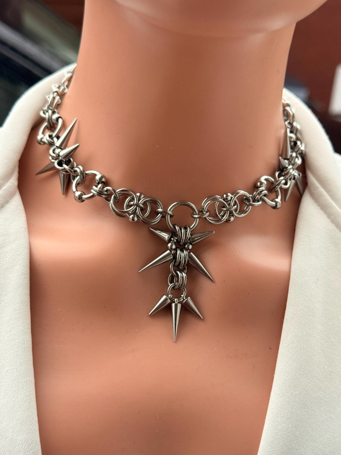 Silver Spiked Star Choker Chain Necklace