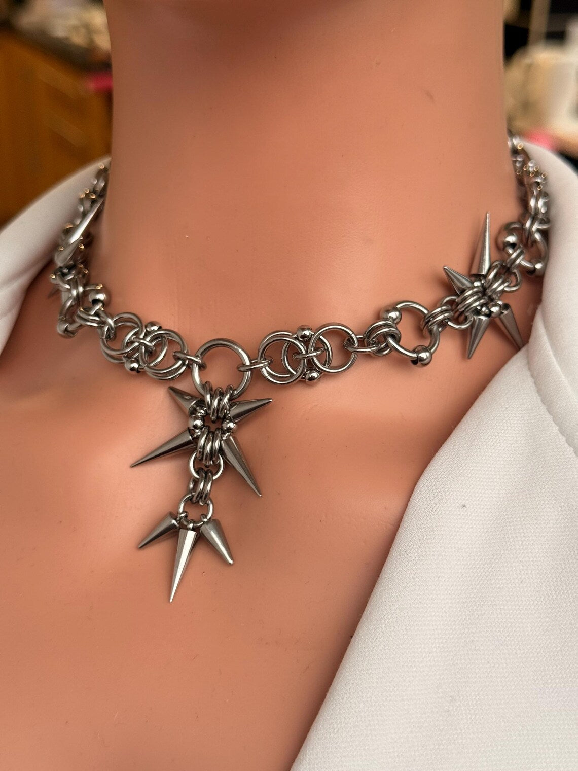 Silver Spiked Star Choker Chain Necklace