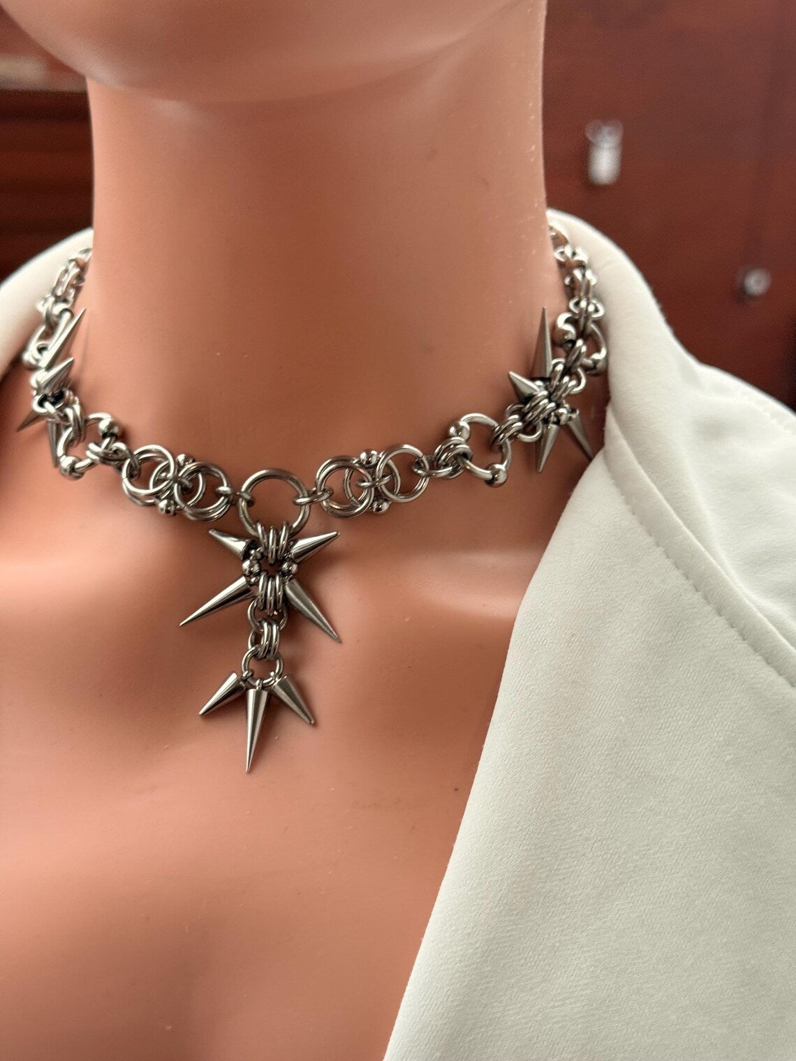 Silver Spiked Star Choker Chain Necklace