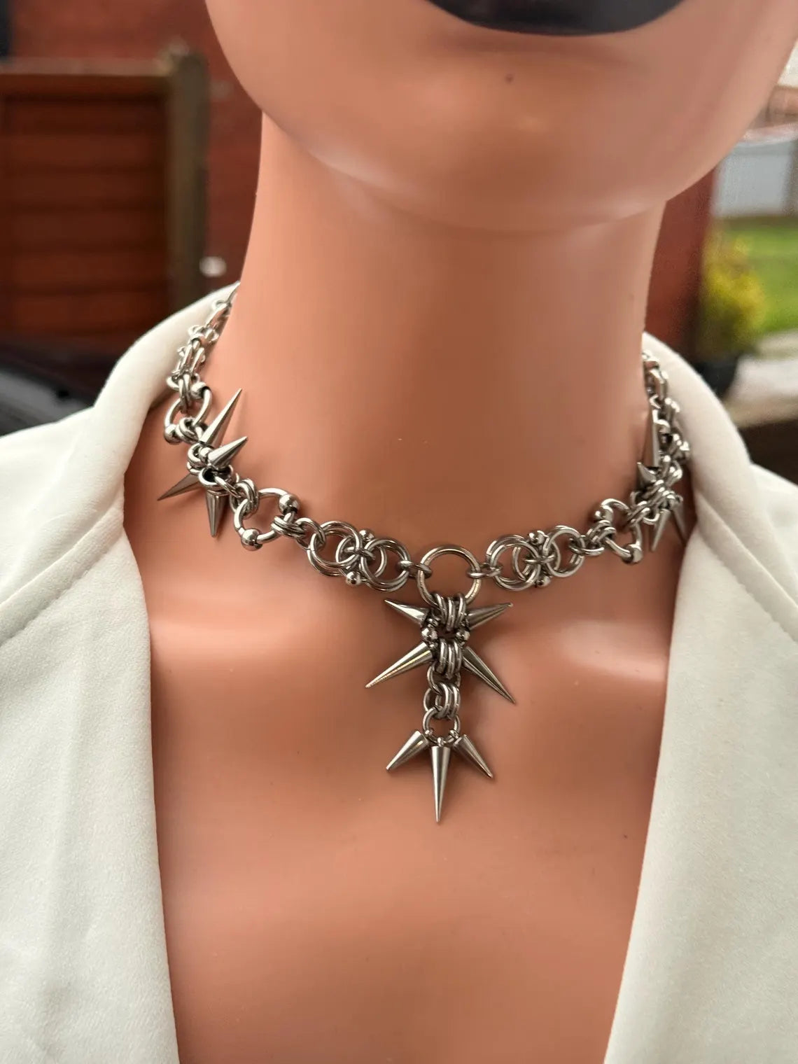 Silver Spiked Star Choker Chain Necklace