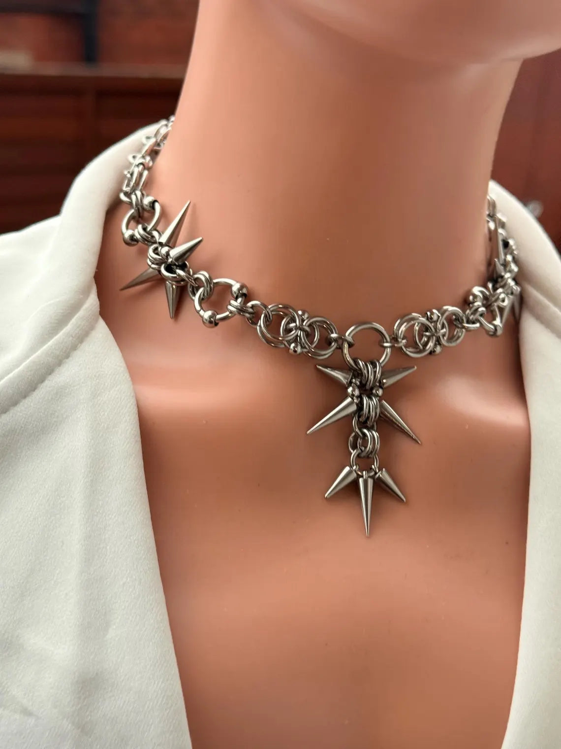 Silver Spiked Star Choker Chain Necklace