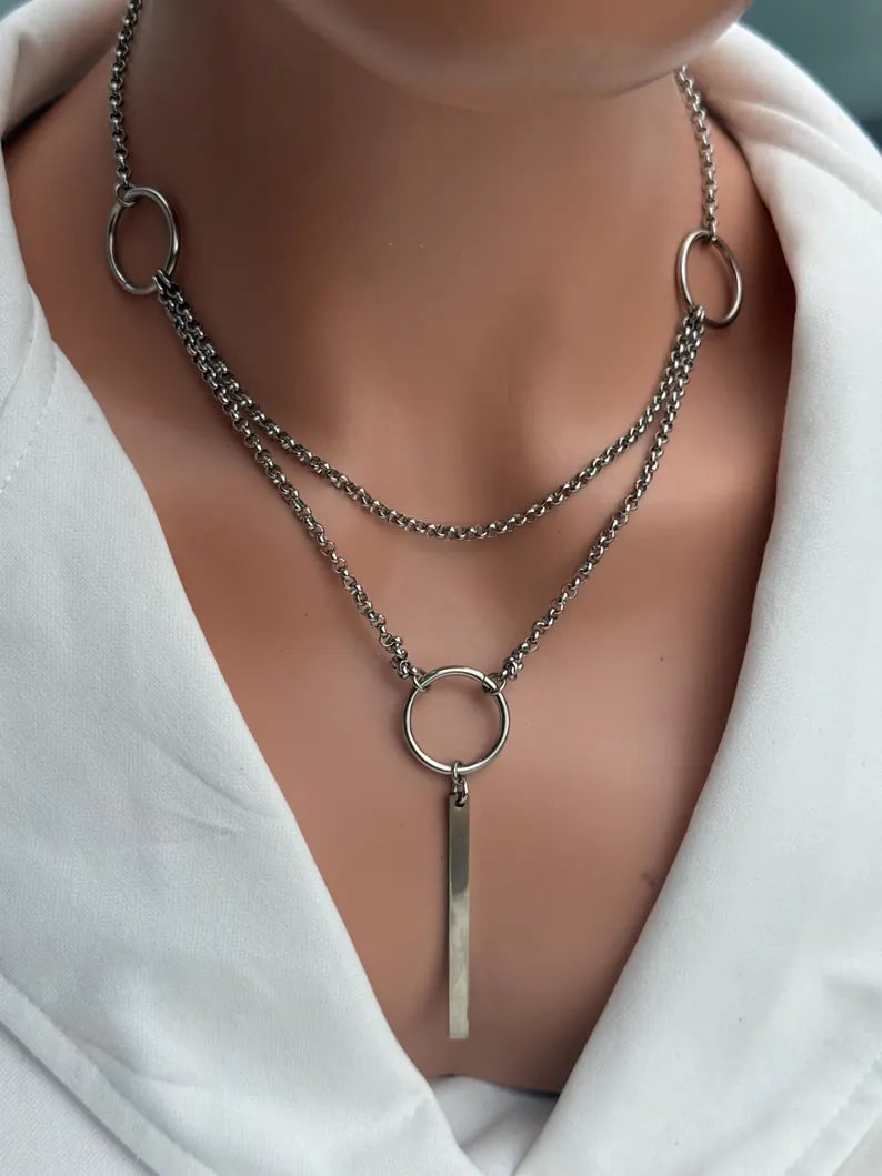 Double Chain O-Ring Drop Necklace