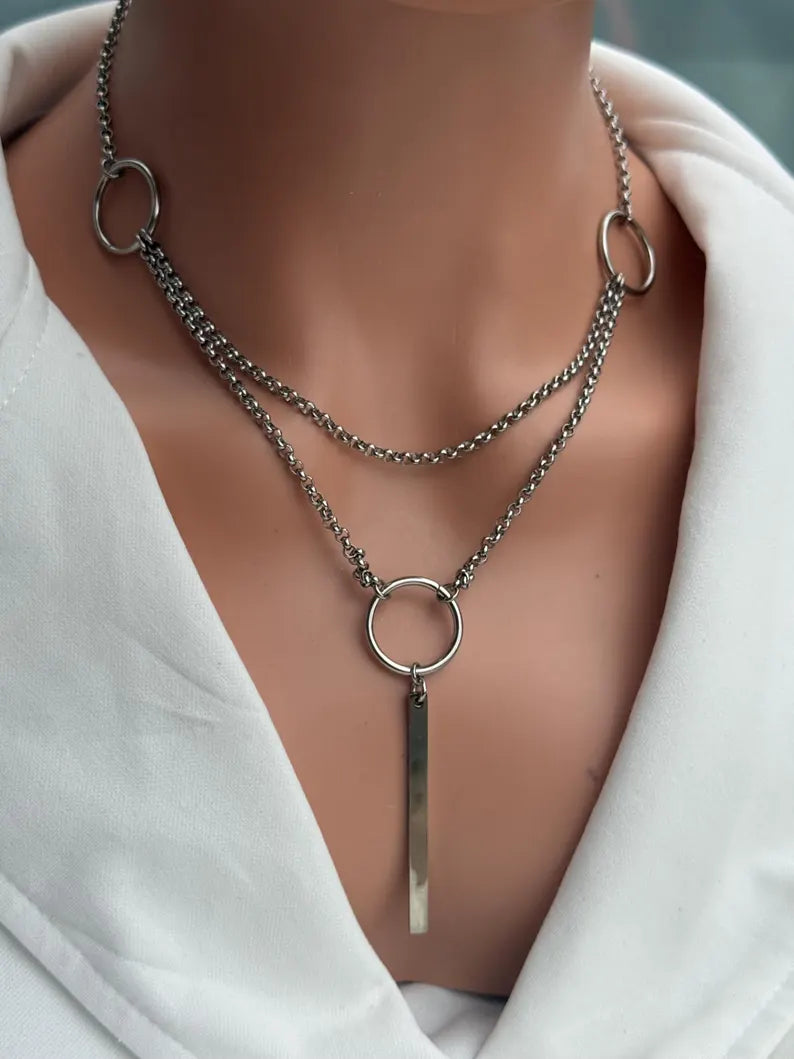 Double Chain O-Ring Drop Necklace